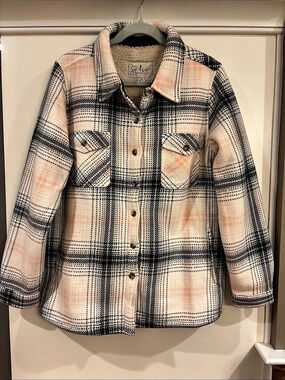 Soho Threads Shacket Plaid Fleece Sherpa-Lined Shirt Jacket Cream, Pink, Gray XL